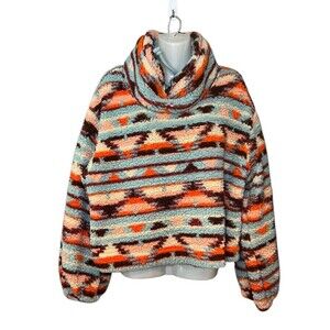 Wild Fable Aztec Print Cowl Neck Sherpa Pullover Faux Fur Sweater Size Medium
